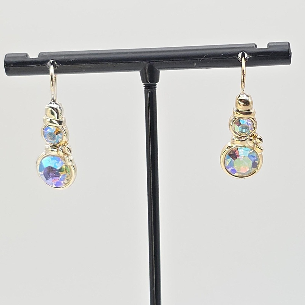 Vtg DANECRAFT Snowman Earrings Aurora Borealis Crystals Goldish Silver Plate‎